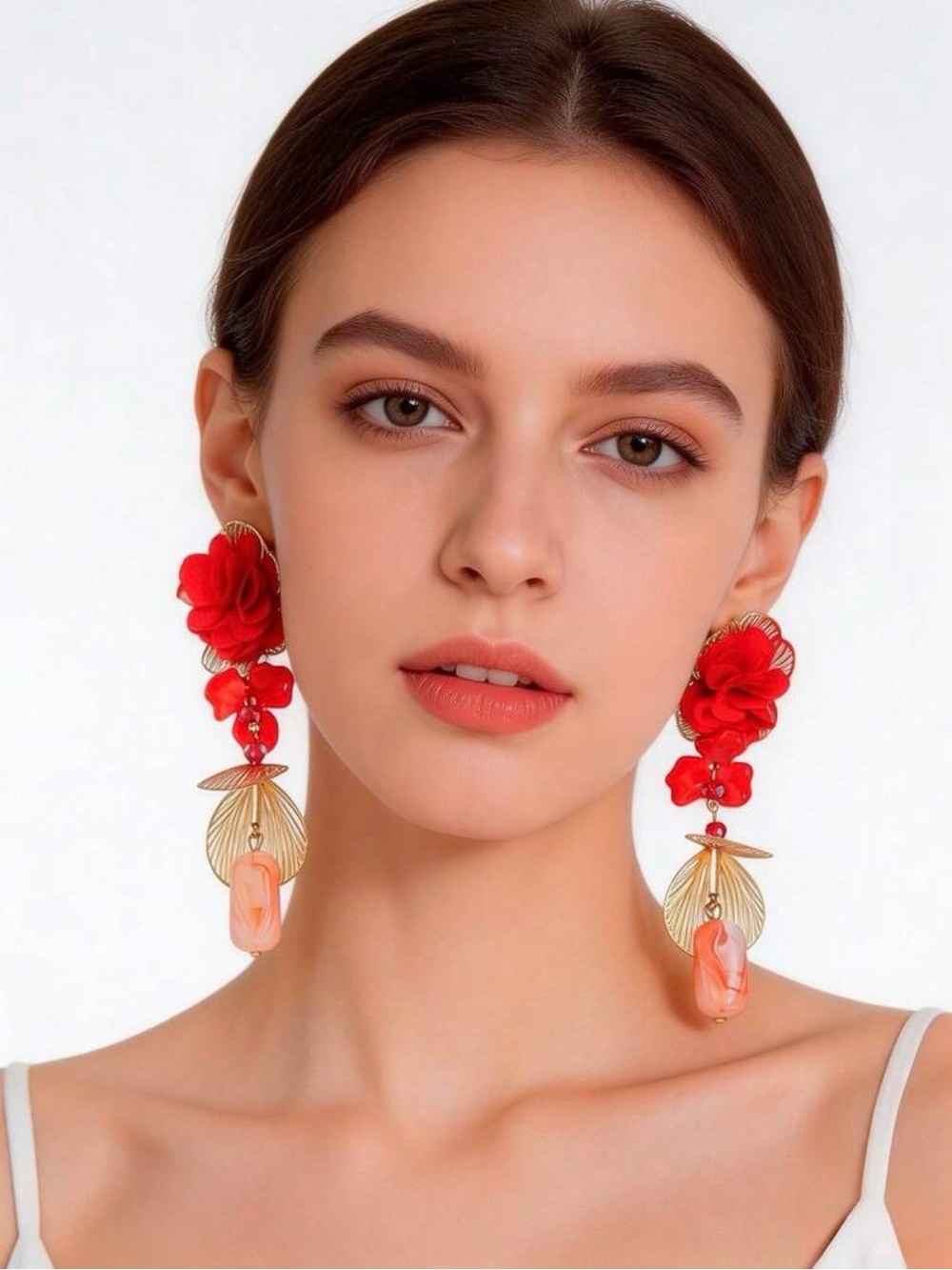 Red Floral Drop Earrings with Gold Leaf Accents
